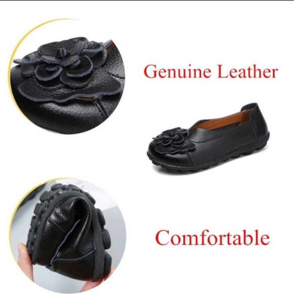 Black Rose Leather Flats - Picture 2 of 7